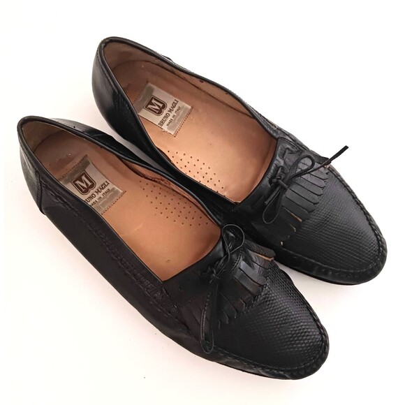 Bruno Magli Blk Leather Lizard Vamp Kiltie Loafer Made in Italy Sz 9.5